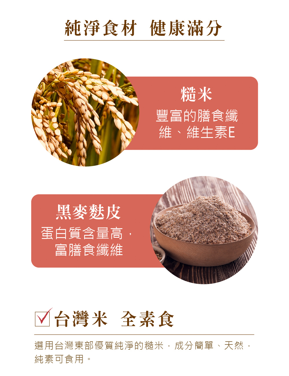 純淨食材 健康滿分，黑麥麩皮，蛋白質含量高,富膳食纖維，豐富的膳食纖，維、維生素E，☑台灣米 全素食，選用台灣東部優質純淨的糙米,成分簡單、天然,純素可食用。