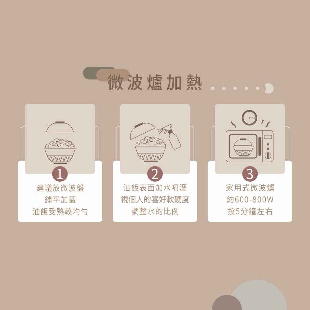 微波爐加熱，建議放微波盤，鋪平加蓋，油飯受熱較均勻，油飯表面加水噴溼，視個人的喜好軟硬度，調整水的比例，家用式微波爐，約600-800W，按5分鐘左右。