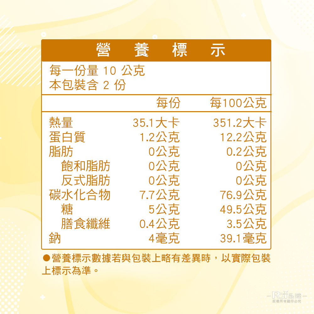 營養標示,每一份量 10 公克,本包裝含2份,每100公克,35.1大卡,351.2大卡,蛋白質,1.2公克,12.2公克,0公克,0.2公克,飽和脂肪,0公克,0公克,反式脂肪,20公克,0公克,碳水化合物,7.7公克,76.9公克,5公克,49.