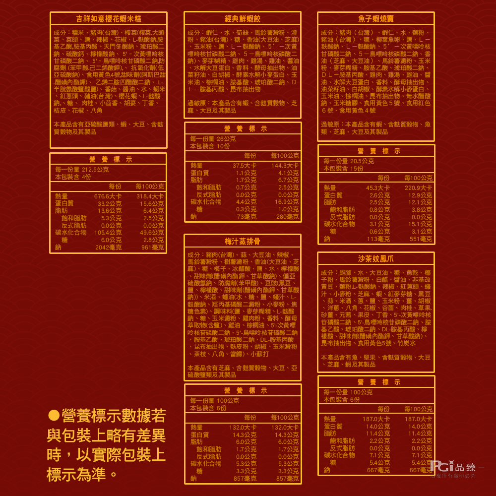 吉祥如意櫻花蝦米糕,成分:糯米、豬肉(台灣)、榨菜(榨菜. 大頭 ,菜、菜頭、鹽、辣椒、花椒、L-麩酸鈉胺,基乙酸,胺基丙酸、天門冬酸鈉、琥珀酸二,鈉、硫酸鈣、檸檬酸鈉、5'-次黃嘌呤核,甘磷酸二鈉、5'-鳥嘌呤核甘磷酸二鈉防,腐劑 (苯甲酸己二烯酸