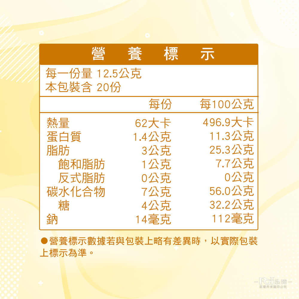 營養標示，每一份量12.5公克，本包裝含 20份，每100公克，62大卡，496.9大卡，蛋白質，1.4公克，11.3公克，3公克，25.3公克，飽和脂肪，1公克，7.7公克，反式脂肪，0公克，0公克，碳水化合物，7公克，56.0公克，4公克，32.