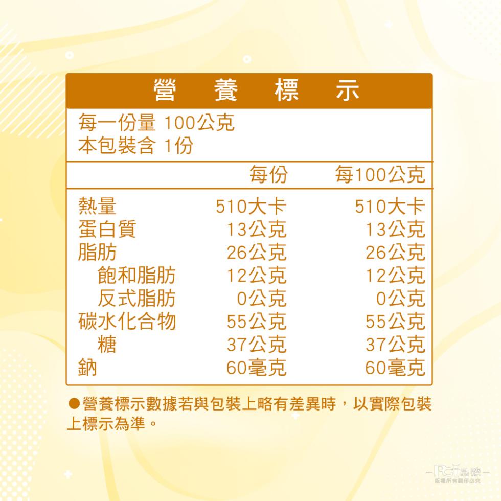營養標示，每一份量 100公克，本包裝含1份，每100公克，510大卡，510大卡，蛋白質，13公克，13公克，26公克，26公克，飽和脂肪，12公克，12公克，反式脂肪，0公克，0公克，碳水化合物，55公克，55公克，37公克，37公克，60毫克，
