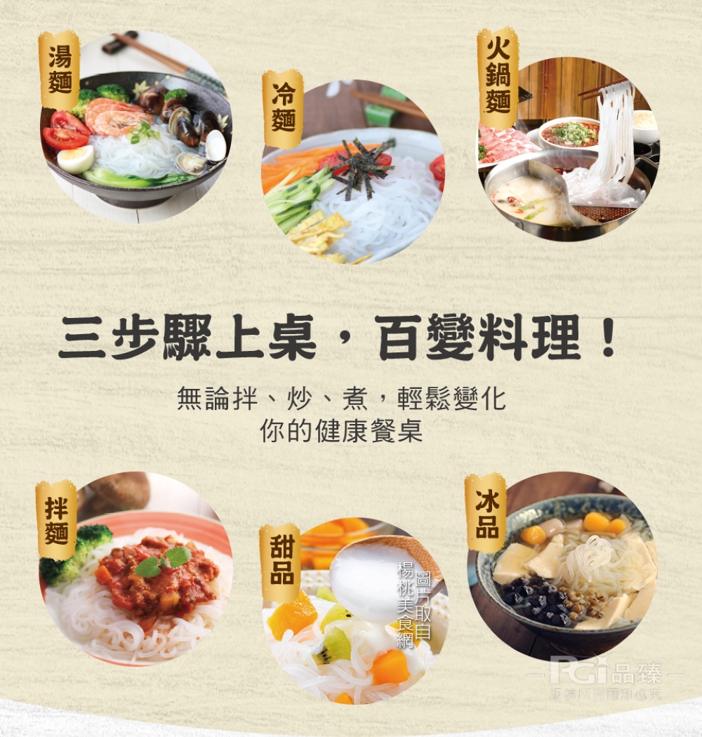 火鍋麵，三步驟上桌,百變料理!無論拌、炒、煮,輕鬆變化，你的健康餐桌，G品臻，版權所有翻印必究。
