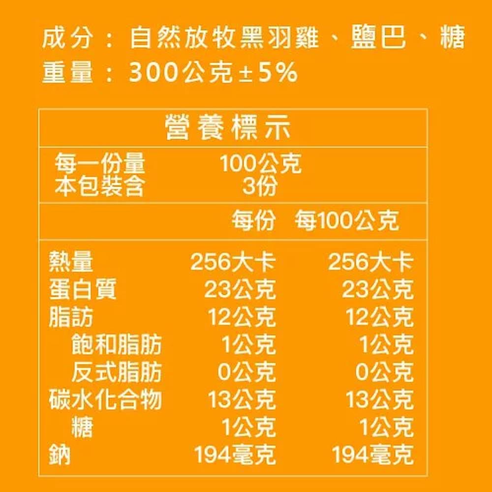成分:自然放牧黑羽雞、鹽巴、糖,重量:300公克±5%,營養標示,100公克,每一份量,本包裝含,每份 每100公克,256大卡,256大卡,蛋白質,23公克,23公克,12公克,12公克,飽和脂肪,1公克,1公克,反式脂肪,0公克,0公克,碳水化合