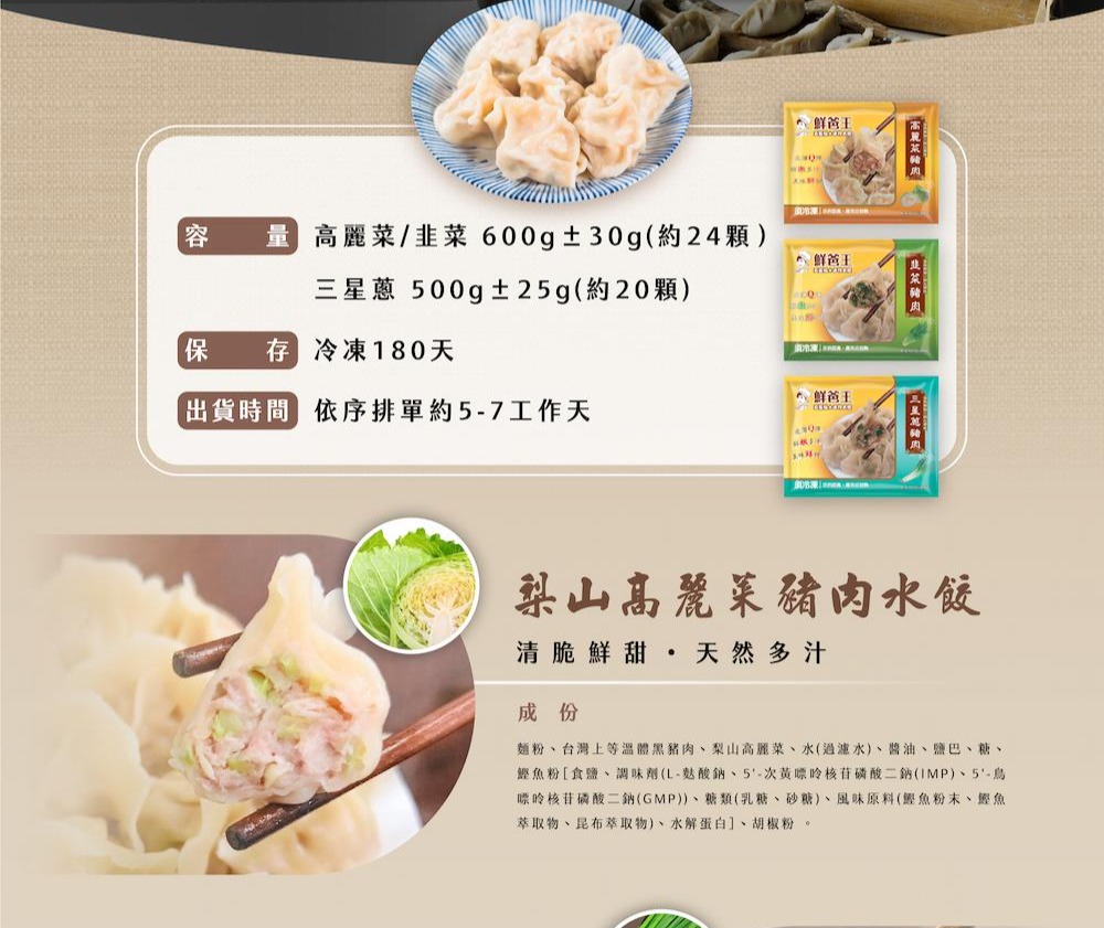 鲜爸王，容 童 高麗菜/韭菜600g±30g(約24顆)，● 鲜爸王，三星蔥 500g±25g(約20顆)，保 衛 冷凍180天，(出貨時間依序排單約5-7工作天，高麗菜豬肉，須冷凍 RINN，鲜花王，三星草豬肉、梨山高麗菜豬肉水餃，清脆鮮甜 天然多