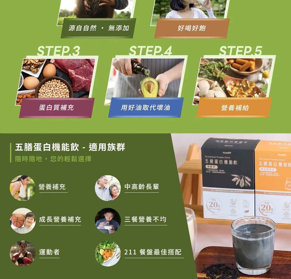 源自自然,無添加,好喝好飽,蛋白質補充,用好油取代壞油,營養補給,五膳蛋白機能飲 - 適用族群,隨時隨地。您的輕鬆選擇,五膳蛋白機能飲,五膳蛋白機能動,營養補充,中高齡長輩,成長營養補充,三餐營養不均,運動者,211 餐盤最佳搭配。