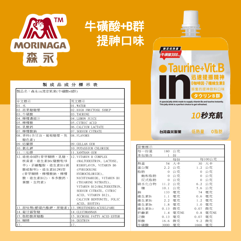 牛磺酸+B群，製成品成分標示表，製品名:森永in清涼果凍(牛磺酸+B群)，中文標示，提神口味，飽足低熱量 ，牛磺酸3000PING)，●Taurine+Vit.B，迅速提振精神，0咖啡因+7種維生素B，振奮的提神飲料口味，夕丩B群，01. 水，02.
