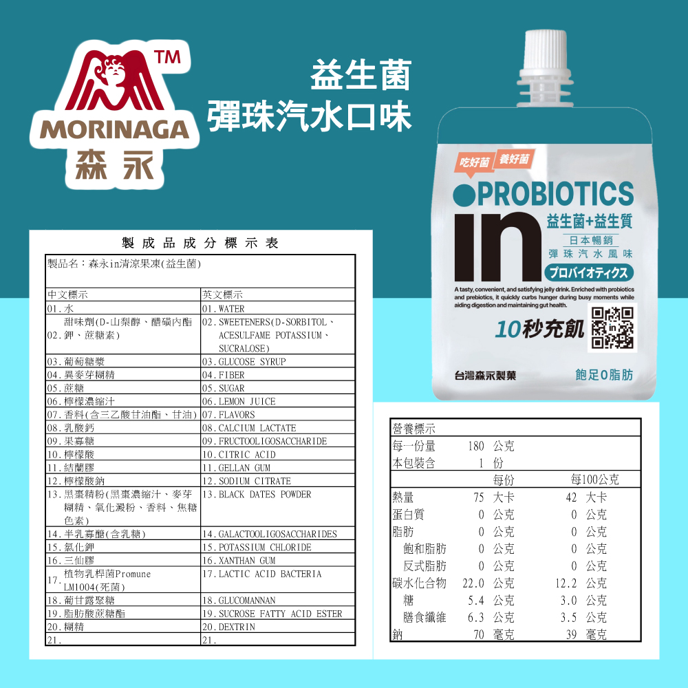益生菌，彈珠汽水口味，吃好菌養好菌，製成品成分標示表，製品名:森永in清涼果凍(益生菌)，中文標示，甜味劑(D-山梨醇、醋磺內酯，102.鉀、蔗糖素)，英文標示，02. SWEETENERS(D-SORBITOL、●PROBIOTICS，益生菌+益生