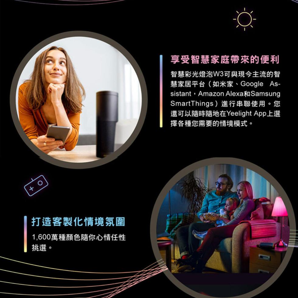 打造客製化情境氛圍，1,600萬種顏色隨你心情任性，挑選。享受智慧家庭帶來的便利，智慧彩光燈泡W3可與現今主流的智，慧家居平台(如米家、Google As-SmartThings)進行串聯使用。您，還可以隨時隨地在Yeelight App上選，擇各種