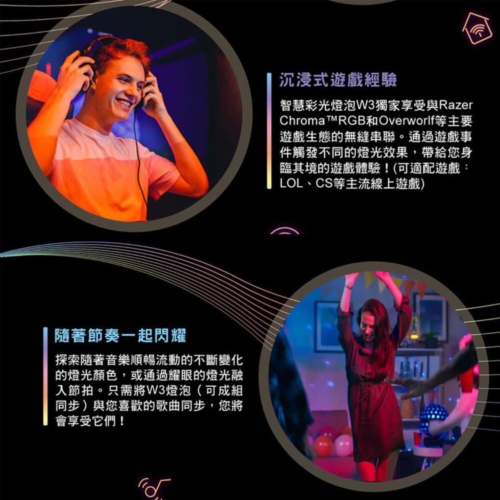 隨著節奏一起閃耀，探索隨著音樂順暢流動的不斷變化，的燈光顏色,或通過耀眼的燈光融，入節拍。只需將W3燈泡(可成組，同步)與您喜歡的歌曲同步,您將，會享受它們!沉浸式遊戲經驗，智慧彩光燈泡W3獨家享受與Razer，遊戲生態的無縫串聯。通過遊戲事，件觸發