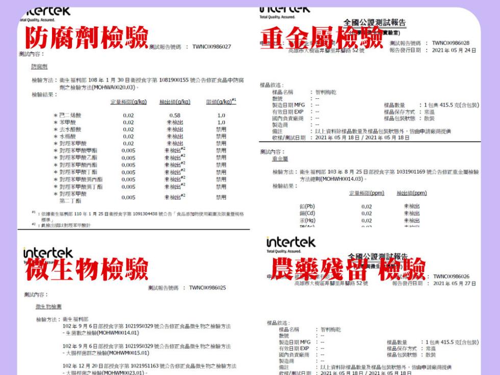 防腐劑檢驗，測試內容:防腐劑，檢驗方法:衛生福利部 108年1月30日衛授食字第 1081900155 號公告修正食品中防腐，劑之檢驗方法(MOHWA0020,03),檢驗結果:定量(g/kg) 检出值(g/m)，己二烯酸，茉田村，去水醋酸，水楊酸，