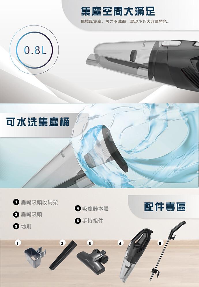 可水洗集塵桶，扁嘴吸頭收納架，扁嘴吸頭，集塵空間大滿足，龍捲風集塵,吸力不減弱,展現小巧大容量特色。吸塵器本體，6 手持組件，配件專區。
