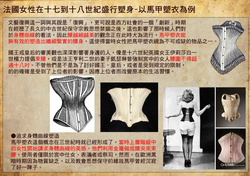 法國女性在十七到十八世紀盛行塑身-以馬甲塑衣為例,文藝復興這一詞與其說是復興,更可說是西方社會的一個創新時期,在經歷了長久的中古世紀保守宗教思想禁鋼之後,這也影響了那時候人們對,於身體曲線的看法,因此腰越細越美的觀念正在此時大為流行,馬甲塑衣能,夠有