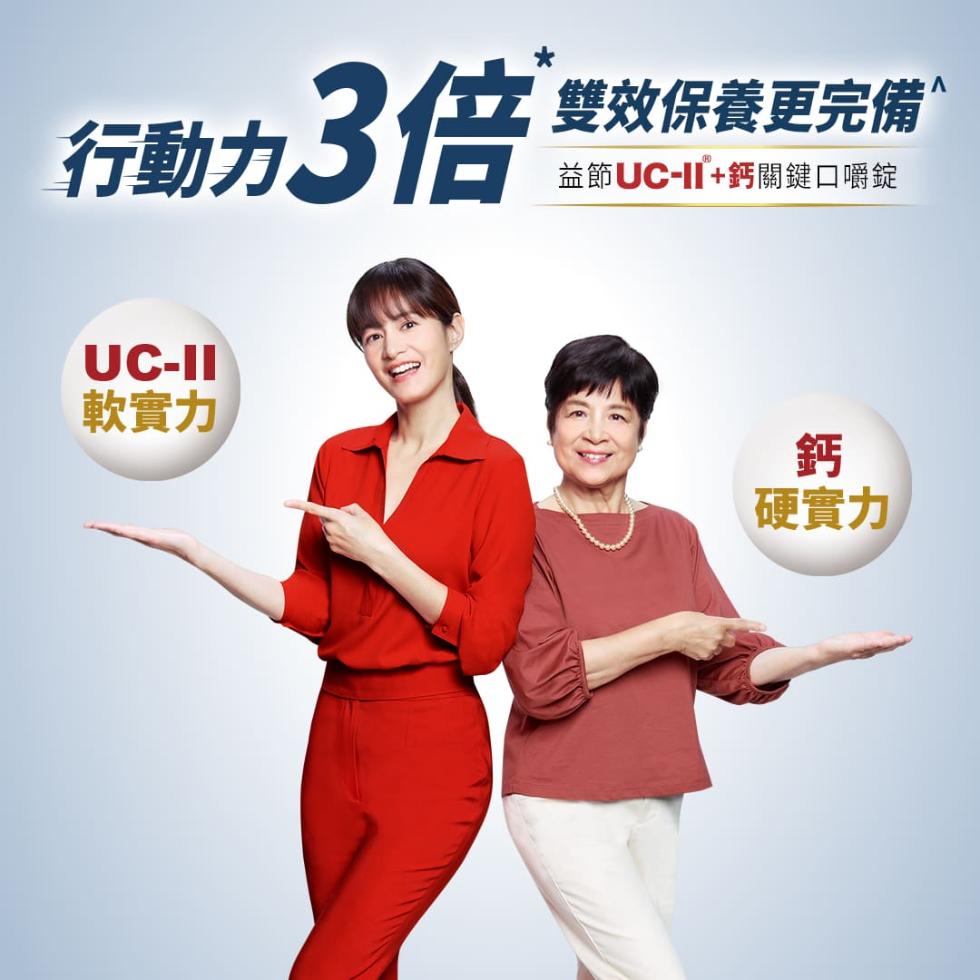 行動力3倍 雙效保養更完備 ·，益節UC-II+鈣關鍵口嚼錠，軟實力，硬實力。