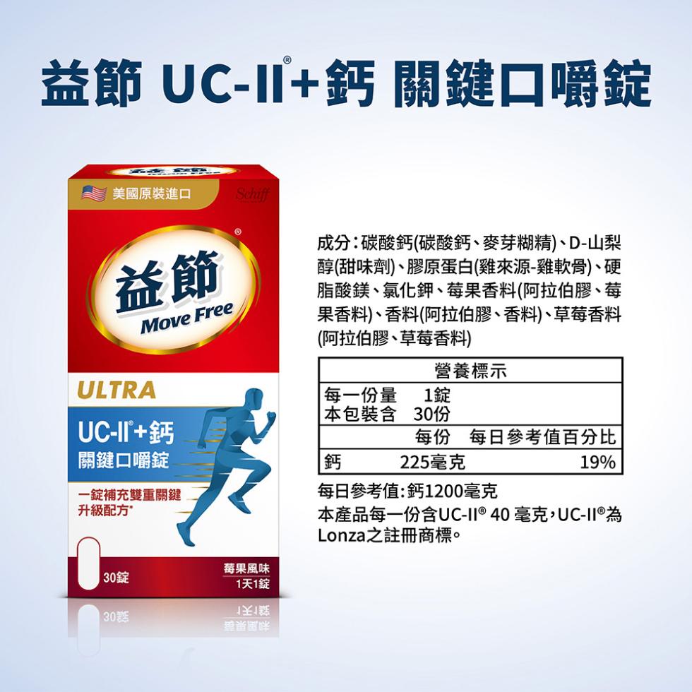 益節 UC-II+鈣 關鍵口嚼錠,美國原裝進口,成分:碳酸鈣(碳酸鈣、麥芽糊精)、D-山梨,醇(甜味劑)、膠原蛋白(雞來源-雞軟骨)、硬,脂酸鎂、氯化鉀、莓果香料(阿拉伯膠、莓,果香料)、香料(阿拉伯膠、香料)、草莓香料,(阿拉伯膠、草莓香料),營養