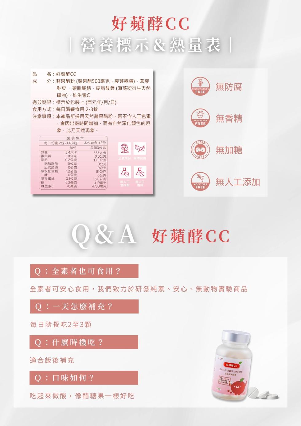 品 名:好蘋酵CC，好蘋酵CC，營養標示&熱量表 ，分:蘋果醋粉 (蘋果醋500毫克、麥芽糊精)、燕麥，麩皮、硬脂酸鈣、硬脂酸鎂(海藻粉衍生天然，礦物)、維生素C，無防腐，有效期限:標示於包裝上(西元年/月/日)，食用方式:每日隨餐食用2-3錠，注意