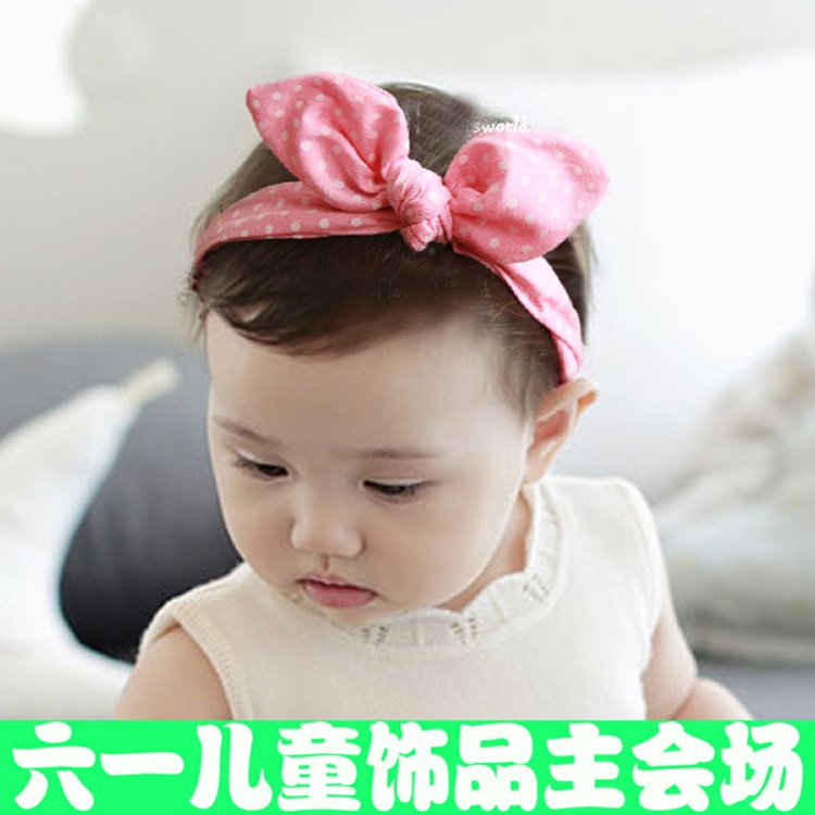 秀品格格兒童發飾發帶高檔韓國女寶寶格子波點兔耳朵發箍布藝發帶