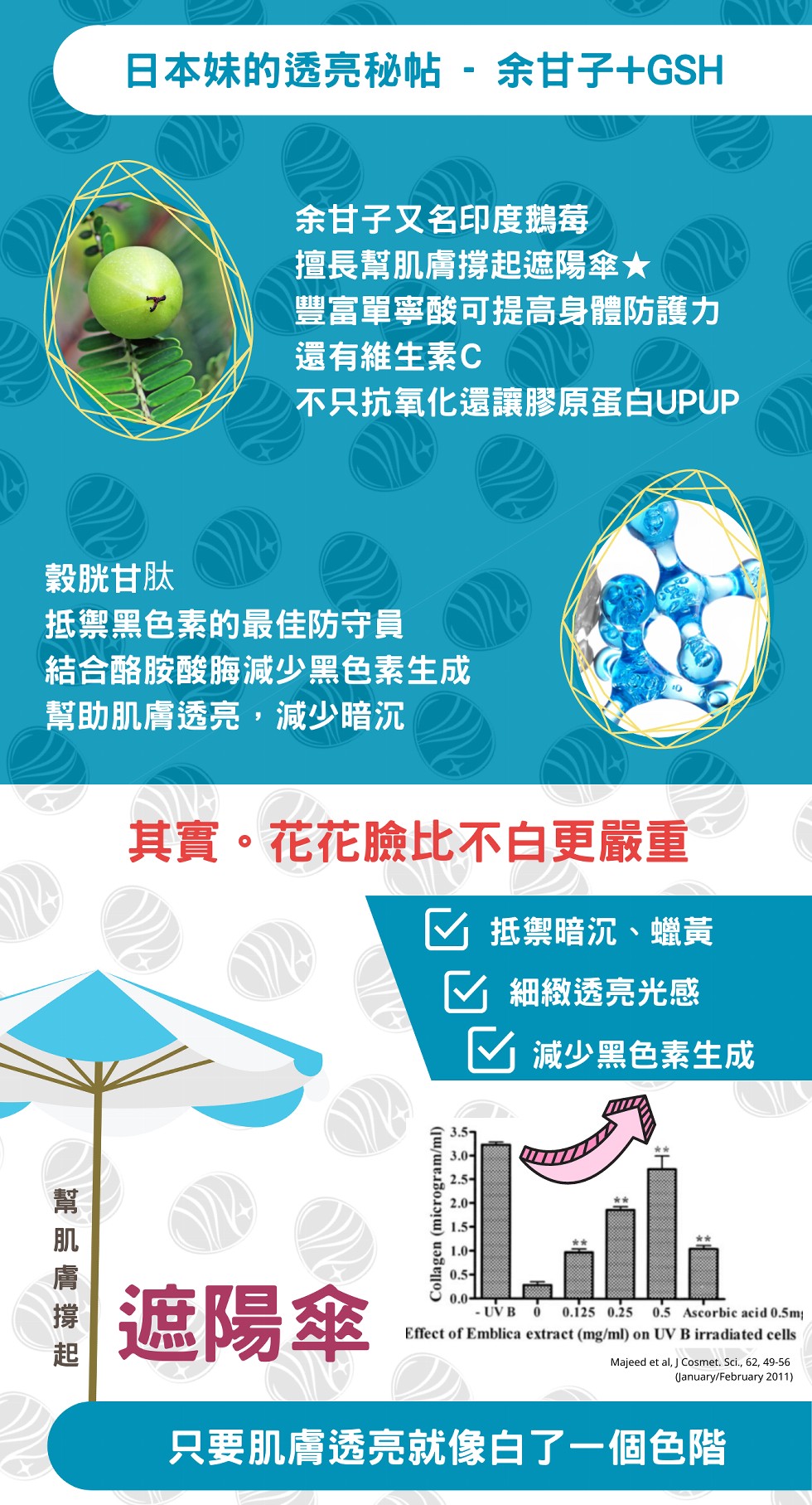 日本妹的透亮秘帖 - 余甘子+GSH,余甘子又名印度鵝莓,擅長幫肌膚撐起遮陽傘★,豐富單寧酸可提是高身體防護力,還有維生素C,不只抗氧化還讓膠原蛋白UPUP,穀胱甘肽,抵禦黑色素的最佳防守員,結合酪胺酸海減少黑色素生成,幫助肌膚透亮,減少暗沉,其實。