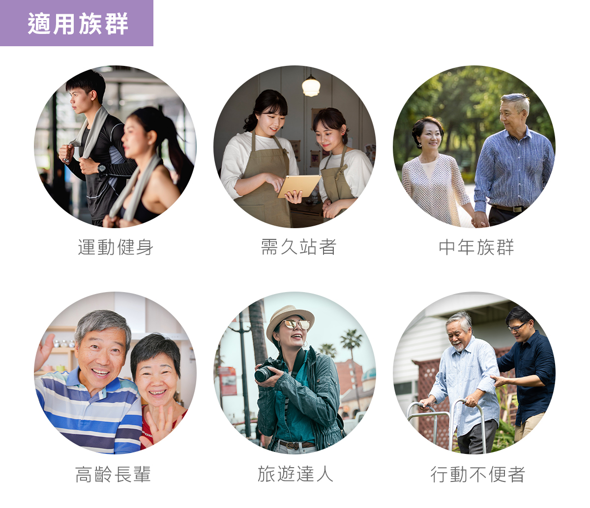 適用族群，運動健身，需久站者，中年族群，高齡長輩，旅遊達人，行動不便者。
