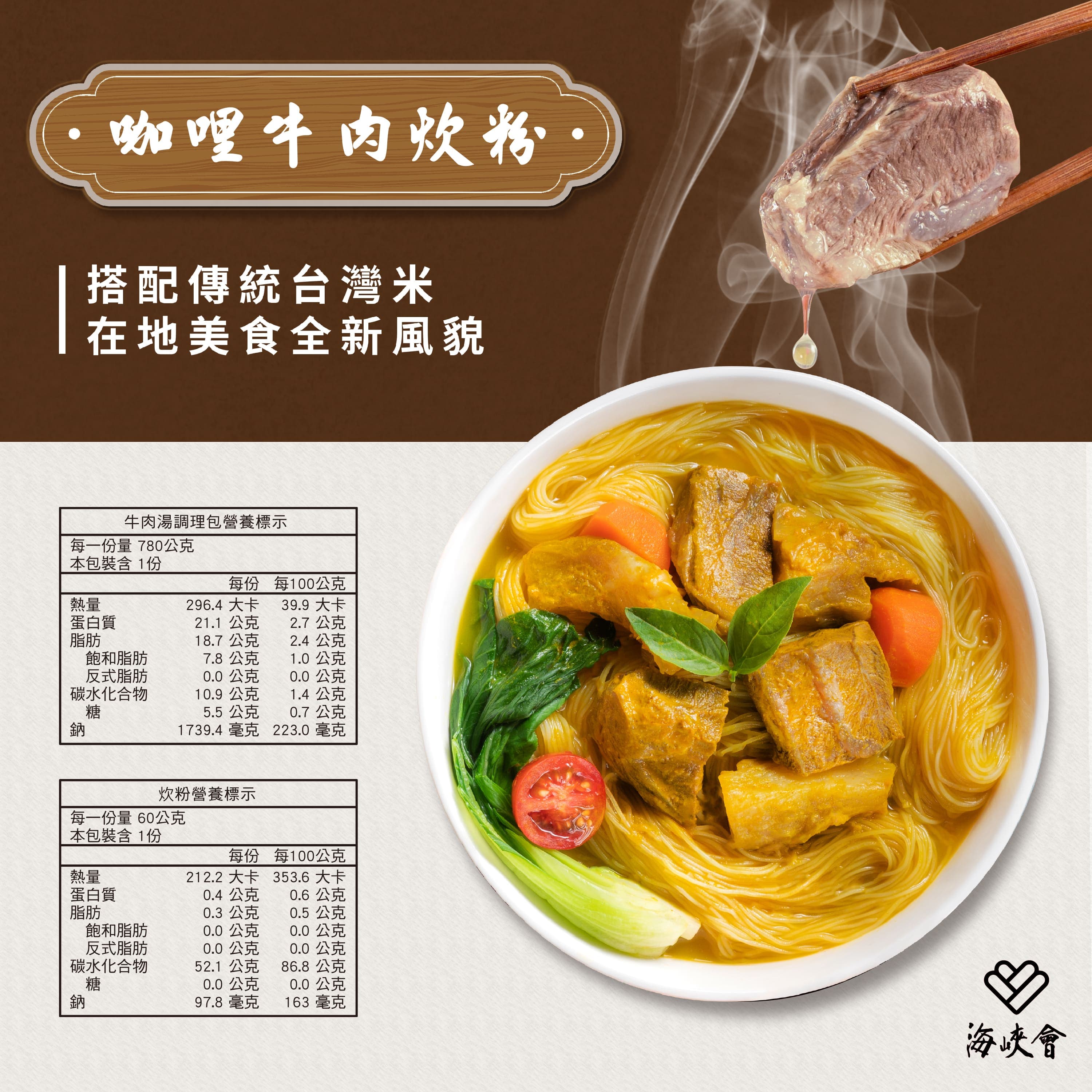 咖哩牛肉炊粉,搭配傳統台灣米,在地美食全新風貌,每一份量 780公克,本包裝含1份,蛋白質,牛肉湯調理包營養標示,飽和脂肪,反式脂肪,碳水化合物,蛋白質,每一份量 60公克,本包裝含1份,飽和脂肪,反式脂肪,碳水化合物,21.1 公克,18.7公克,