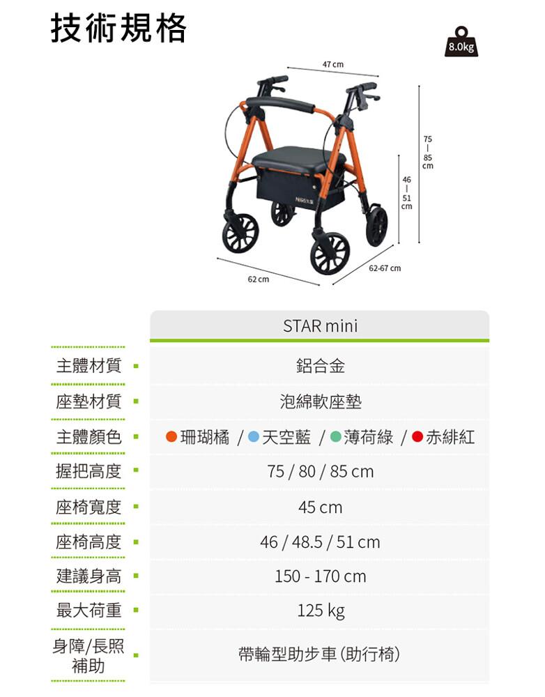 技術規格，主體材質，鋁合金，座墊材質，泡綿軟座墊，主體顏色，▶珊瑚橘/天空藍/薄荷綠/●赤緋紅，握把高度，座椅寬度，座椅高度，建議身高，最大荷重，身障/長照，帶輪型助步車(助行椅)。
