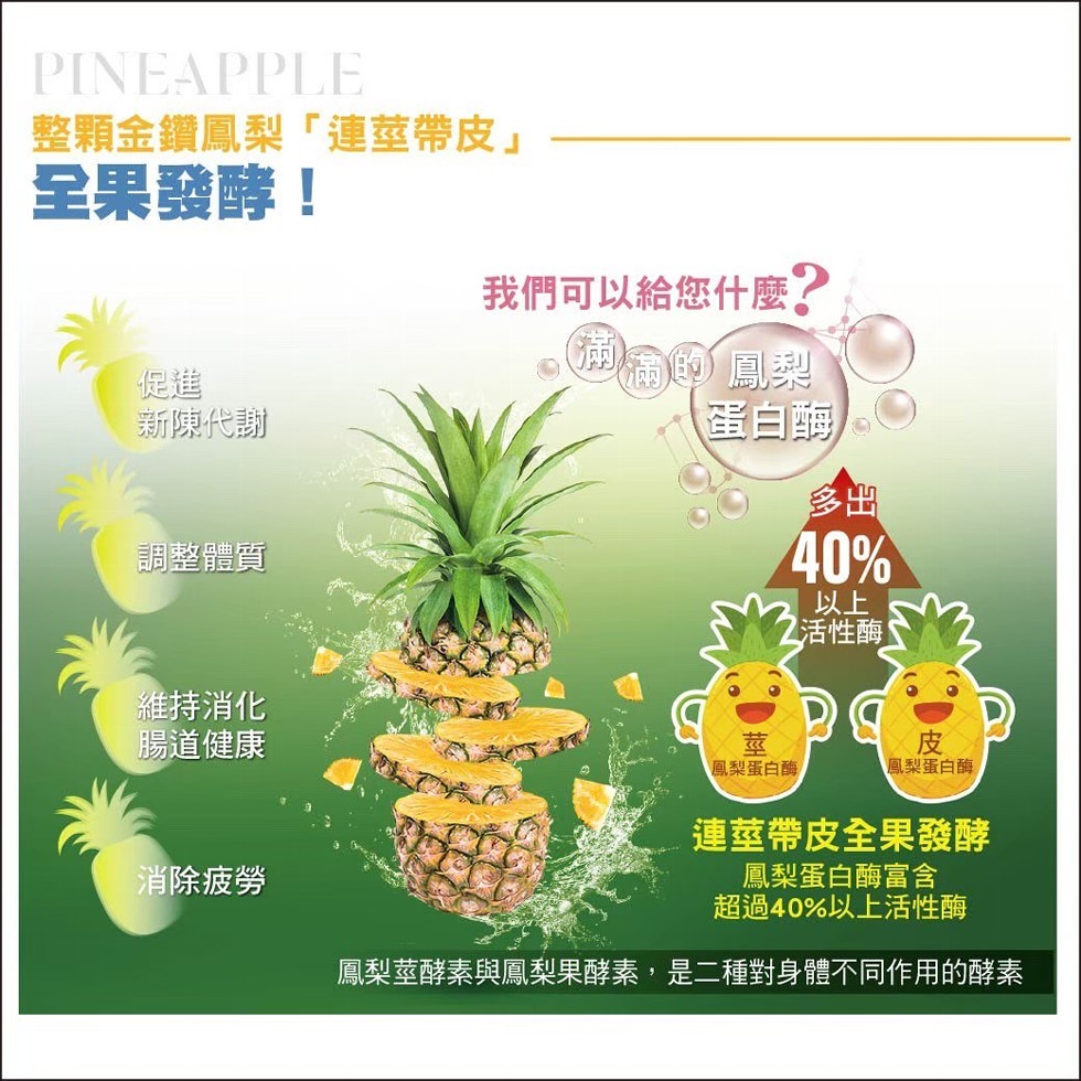 整顆金鑽鳳梨連莖帶皮全果發酵!我們可以給您什麼?( 的鳳梨，新陳代謝，蛋白酶，調整體質，活性酶!維持消化，腸道健康，鳳梨蛋白酶，鳳梨蛋白酶，連莖帶皮全果發酵，鳳梨蛋白酶富含，超過40%以上活性酶，消除疲勞，鳳梨莖酵素與鳳梨果酵素,是二種對身體不同作用