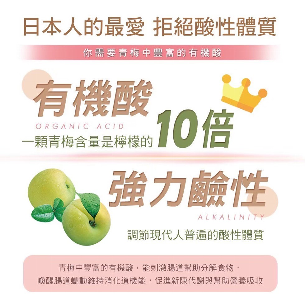 日本人的最愛拒絕酸性體質，你需要青梅中豐富的有機酸，有機酸，一顆青梅含量是檸機的 0倍，一顆青梅含量是檸檬的，強力鹼性，調節現代人普遍的酸性體質，青梅中豐富的有機酸,能刺激腸道幫助分解食物,喚醒腸道蠕動維持消化道機能,促進新陳代謝與幫助營養吸收。