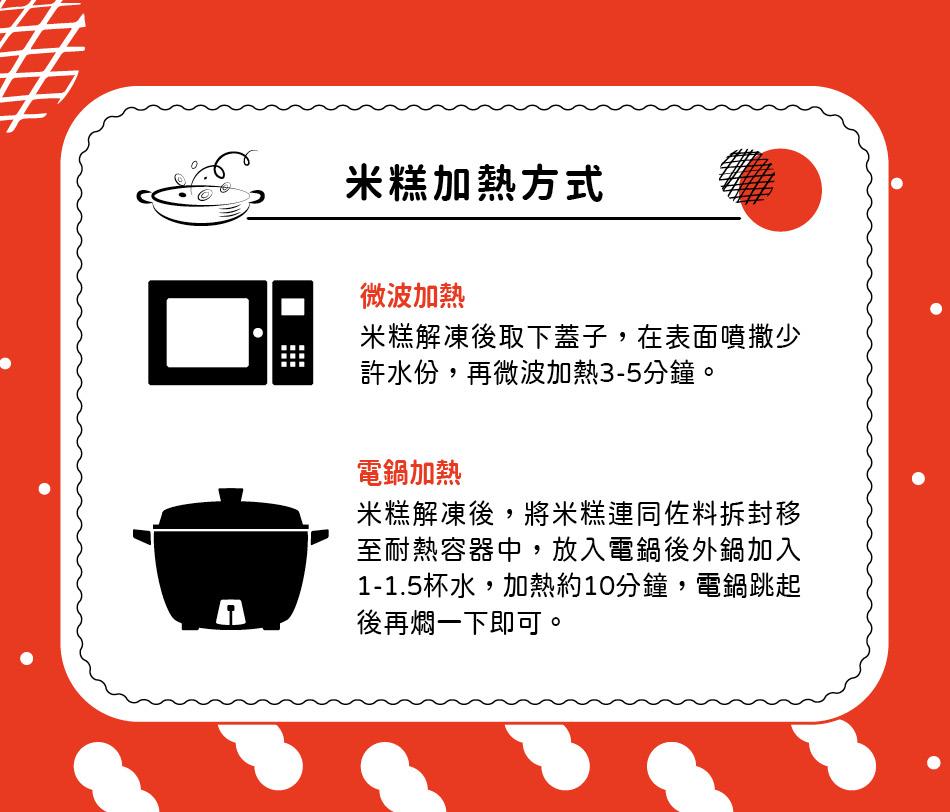 米糕加熱方式,微波加熱,米糕解凍後取下蓋子,在表面噴撒少,許水份,再微波加熱3-5分鐘。電鍋加熱,米糕解凍後,將米糕連同佐料拆封移,至耐熱容器中,放入電鍋後外鍋加入,1-1.5杯水,加熱約10分鐘,電鍋跳起,後再燜一下即可。