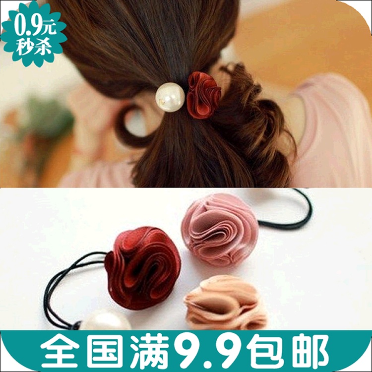 OH0013 韓國小飾品批發飾 發圈玫瑰花朵大珍珠頭韓版皮筋頭圈頭飾-2入一組不挑色