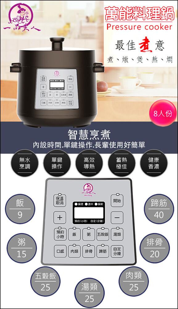 萬能料理鍋，最佳煮意，煮、燉、煲、熬、燜，智慧烹煮，內設時間.單鍵操作.長輩使用好簡單，8人份，飯 9，粥 15，预约(小時) 自定(分鐘，飯 粥 五穀飯，口成 肉類 排骨 蹄筋，五穀飯 ®。