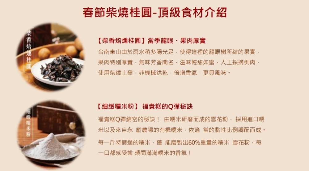 柴香焙燻桂圓，細緻糯米粉。春節柴燒桂圓-頂級食材介紹，【柴香焙燻桂圓】當季龍眼、果肉厚實，台南東山由於雨水稍多陽光足,使得這裡的龍眼樹所結的果實,果肉特別厚實,氣味芳香聞名,滋味輕甜如蜜,人工採摘剝肉,使用柴燒土窯,非機械烘乾,倍增香氣,更具風味。【