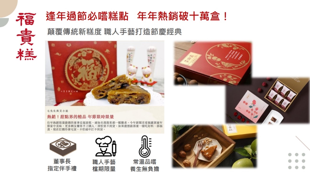逢年過節必嚐糕點 年年熱銷破十萬盒!顛覆傳統新糕度 職人手藝打造節慶經典，七先生與艾小姐，熱銷!甜點界的精品 年節限時限量，往年熱銷限量搶購的董事長福貴糕,連知名部落客都一顆難求。今年新聞首度揭露郭董年，節家中美味,更多網友饕客手刀購入,深怕買不到貨