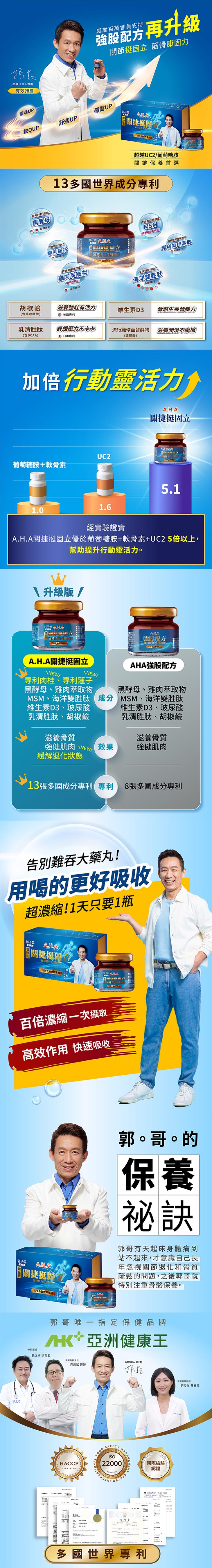 品牌代言人推薦，有效推薦，靈活UP，提升行動保經力，黑酵母，● 日韓專利，胡椒鹼，(含咪唑胜肽)，乳清胜肽，(含BCAA)，舒適UP，四维新播代謝力，專利蓮子，●日本專利，葡萄糖胺+軟骨素，提升關節穩定度，雞肉萃取物，(含蔬理性社)，日本專利，郭子乾