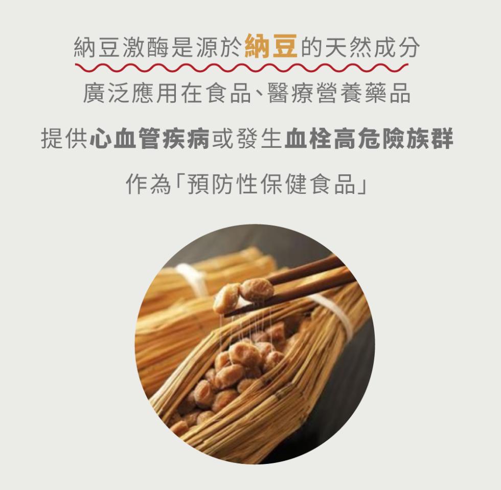 納豆激酶是源於納豆的天然成分，廣泛應用在食品、醫療營養藥品，提供心血管疾病或發生血栓高危險族群，作為預防性保健食品。