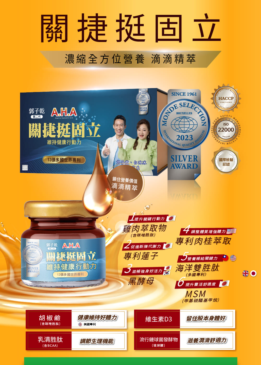 關捷挺固立,濃縮全方位營養 滴滴精萃,郭子乾 AHA,第二代,關捷挺固立,維持健康行動力,13張多國世界專利,鎖住營養價值,滴滴精萃,郭子乾 AHA,關捷挺周立,SILVER 維持健康行動力,13張多國世界專利,▲提升關鍵行動力,雞肉萃取物,(含咪唑