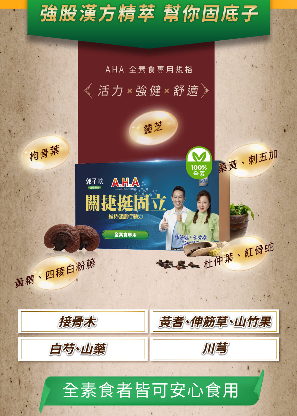 強股漢方精萃 幫你固底子,枸骨葉,AHA 全素食專用規格,活力強健舒適》,郭子乾 AHA,關捷挺固立,維持健康行動力,桑黃、刺五加,黃精、四稜白粉藤,全素食專用,郭香脆。白奶奶,無食 杜仲葉、紅骨蛇,接骨木,黃耆、伸筋草、山竹果,白芍、山藥,全素食者