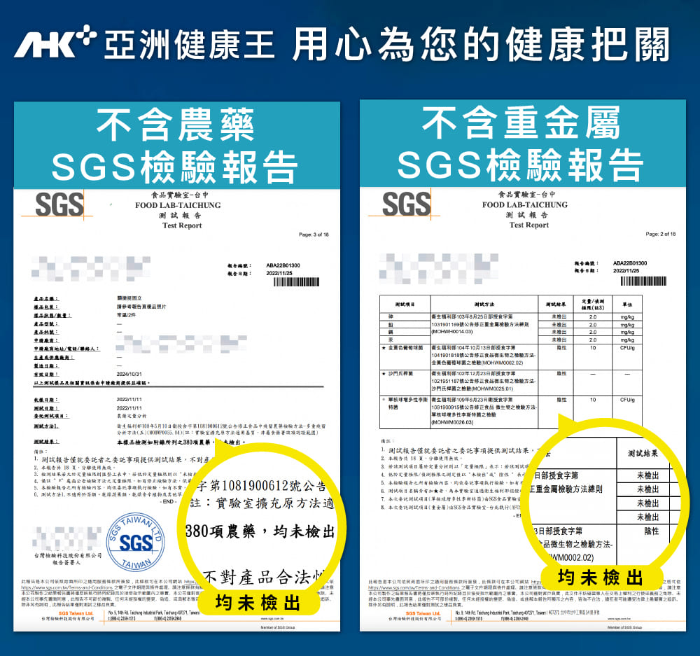 /HK亞洲健康王 用心為您的健康把關,不含農藥,SGS檢驗報告,食品實驗室-台中,測試報告,不含重金屬,SGS檢驗報告,食品實驗室-台中,測試報告,產品名稱:關捷旺周立,據品包餐:請參考報告買產品照片,經品狀態/數量:備溫/2件,產品型號:產品熱號: