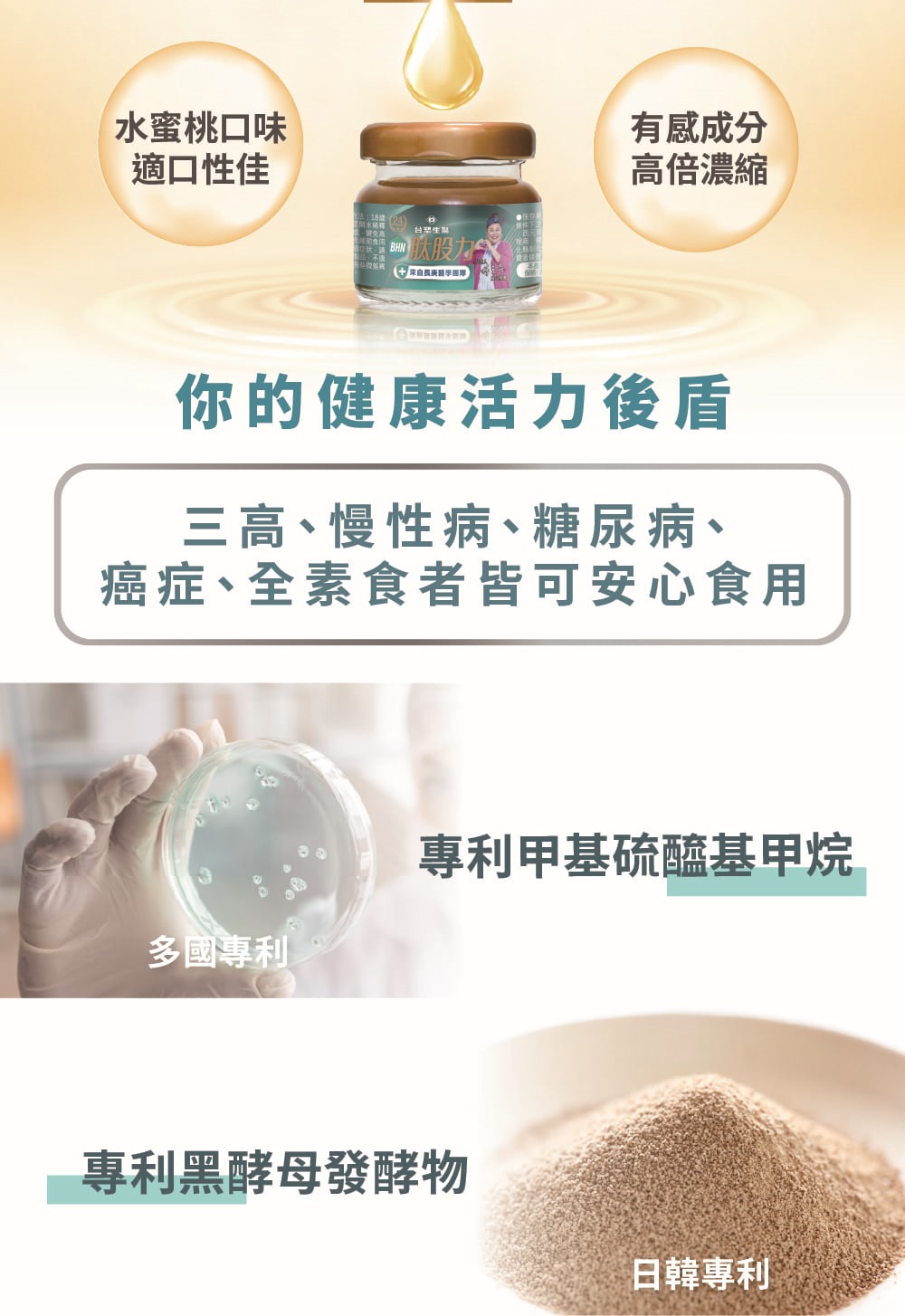 水蜜桃口味,適口性佳,有感成分,高倍濃縮,台塑生醫,食用),肽股力成,來自長庚醫學團隊,你的健康活力後盾,三高、慢性病、糖尿病、癌症、全素食者皆可安心食用,多國專利,專利甲基硫醯基甲烷,專利黑酵母發酵物,日韓專利。