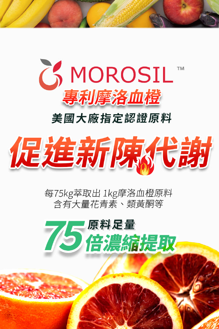專利摩洛血橙，美國大廠指定認證原料，促進新陳代謝，每75kg萃取出 1kg摩洛血橙原料，含有大量花青素、類黃酮等，原料足量，75 倍濃縮提取。