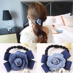日韓牛仔布山茶花珍珠髮繩（一組6個）