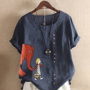 象女孩棉麻短袖上衣藏青色