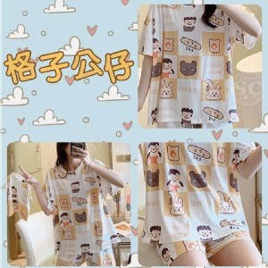 寬鬆甜美家居服- 格子公仔