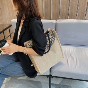 大容量圖騰麻布大提包