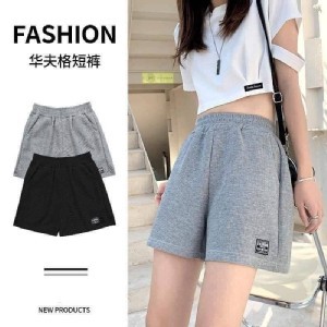 下貼標華夫格短褲組(黑+灰)