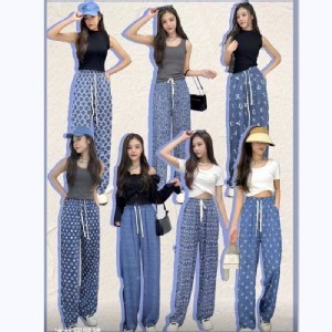 仿單寧印花系列冰絲闊腿褲