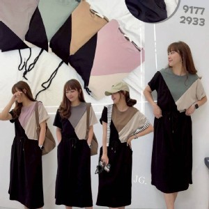 涼感拼接配色綁帶洋裝