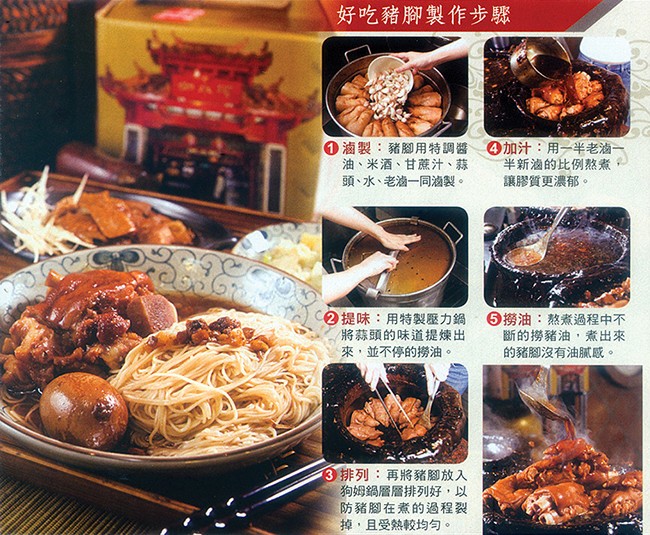 好吃豬腳製作步驟，①滷製:豬腳用特調醬，油、米酒、甘蔗汁、蒜，頭、水、老滷一同滷製。Q加汁:用一半老滷一，半新滷的比例熬煮，讓膠質更濃郁。②提味:用特製壓力鍋，將蒜頭的味道提煉出，來,並不停的撈油。⑤撈油:熬煮過程中不，斷的撈豬油,煮出來，的豬腳沒有