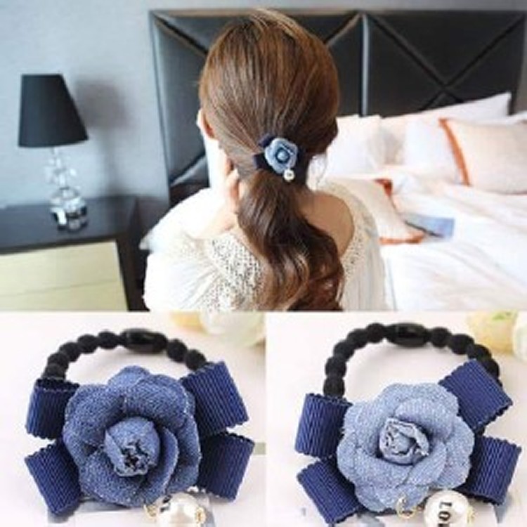 日韓牛仔布山茶花珍珠髮繩（一組6個）