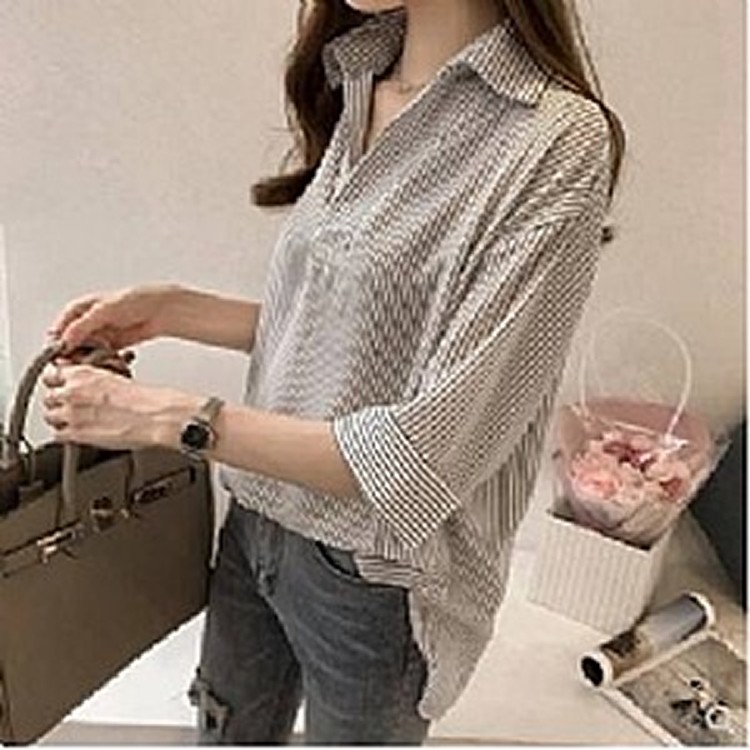 韓版百搭寬鬆顯瘦條紋七分袖襯衫-粉色