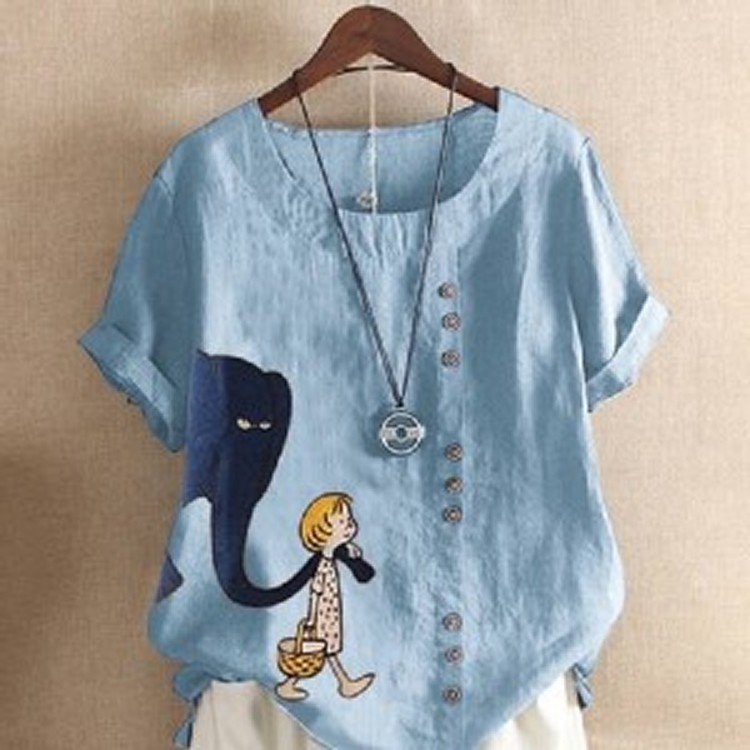 象女孩棉麻短袖上衣淺藍色